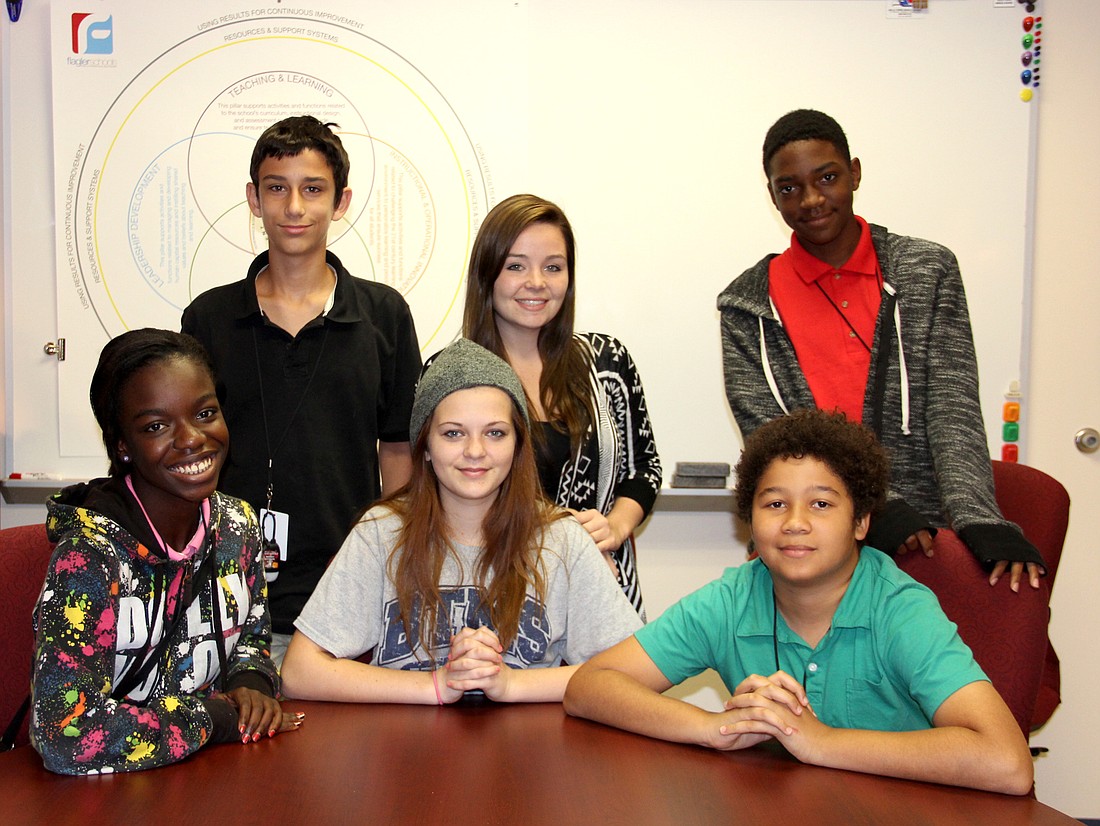 Studying  for NASA challenge are:  left to right: Serena Daley, Rayann Raymond, Junior Zemliansky; standing: Ryan Little, Allyson Imperio, and  Donovyn Vann. Photo Jacque Estes