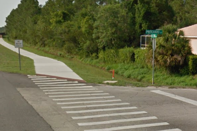 The crosswalk at Belle Terre Parkway and Pritchard Drive. (Image from Google Maps.)