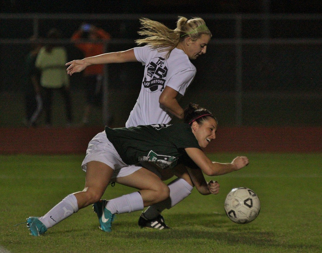 Christen Barney and Patricia Butler get physical during the exhibition match.