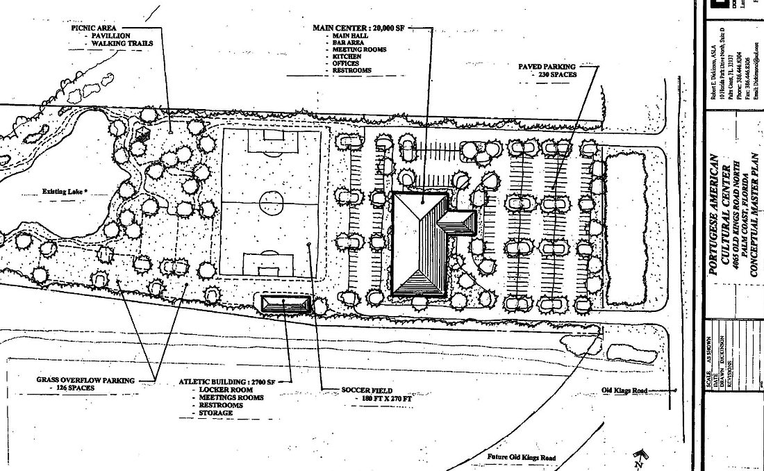 A site plan for the planned Portuguese American Cultural Center, at 4065 Old Kings Road N. (Image from Jan. 20 Palm Coast Planning Board meeting backup documentation.)
