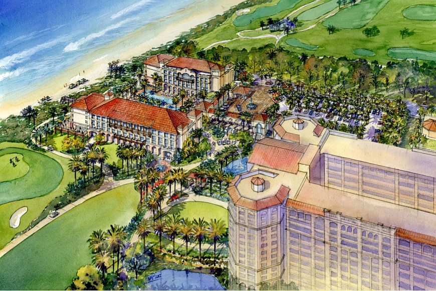 A rendering of the property with the new hotel building, from County Commission meeting backup documents.