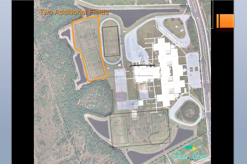 This image from documents presented during the Palm Coast City Council's April 29 workshop shows the proposed locations of two new fields at the Indian Trails Sports Complex.