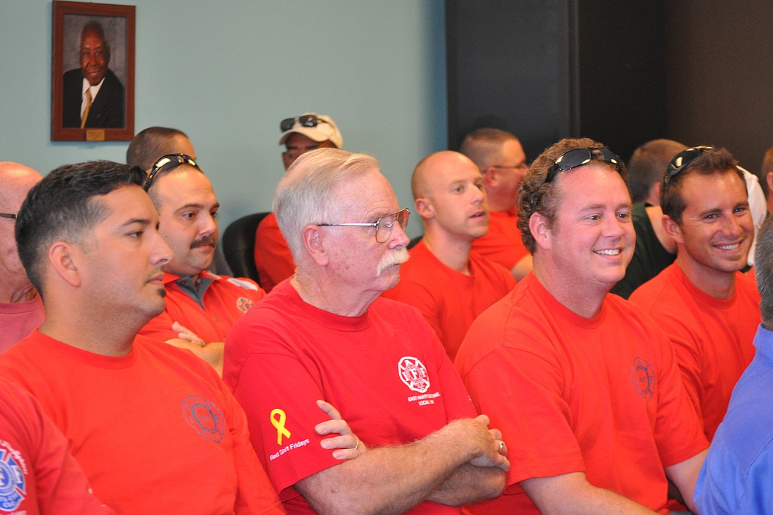 Palm Coast firefighters crowded the audience for the Aug. 29 hearing on contract negotiations. (Photo by Jonathan Simmons.)