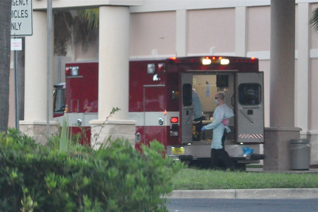 Emergency workers outside Florida Hospital Flagler Oct. 15. (Photo by Jonathan Simmons.)