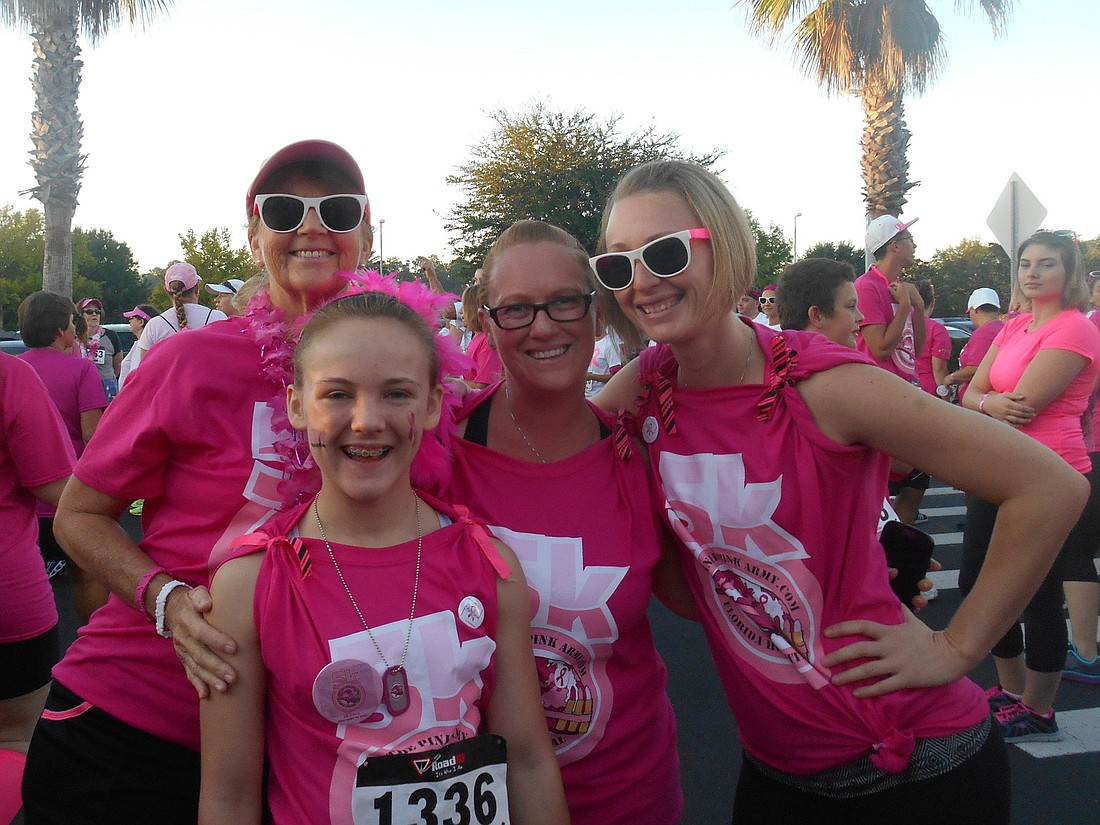 Breast Cancer survivor Wanda Lee walks with her granddaughter, Rylee Millikan, and daughters Jaffy Lee and Jamie Lee, at the Pink Army 5K. For more on Jaffy Lee, see the subhead, Ã¢â‚¬Å“Learning together."