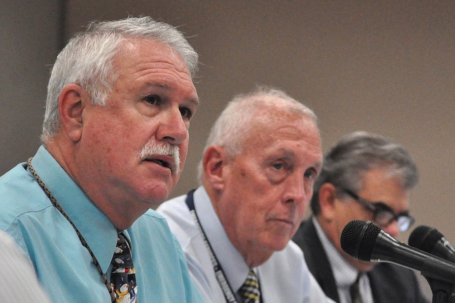 Flagler County Commissioner Frank Meeker, left, at a commission workshop with Commissioner Charlie Ericksen and Commissioner George Hanns. (File photo by Jonathan Simmons.)