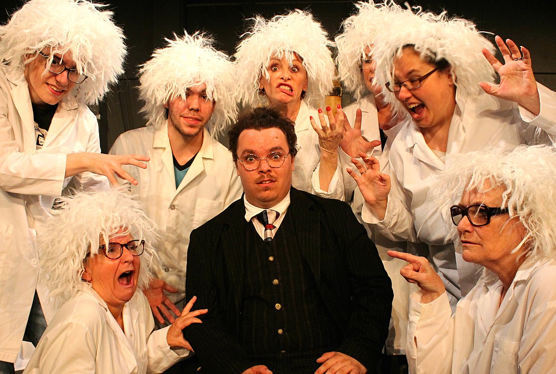 Beau Wade, center, plays Victor Frankenstein in the Flagler Playhouse production of Ã¢‚¬Å“Young Frankenstein.Ã¢‚¬