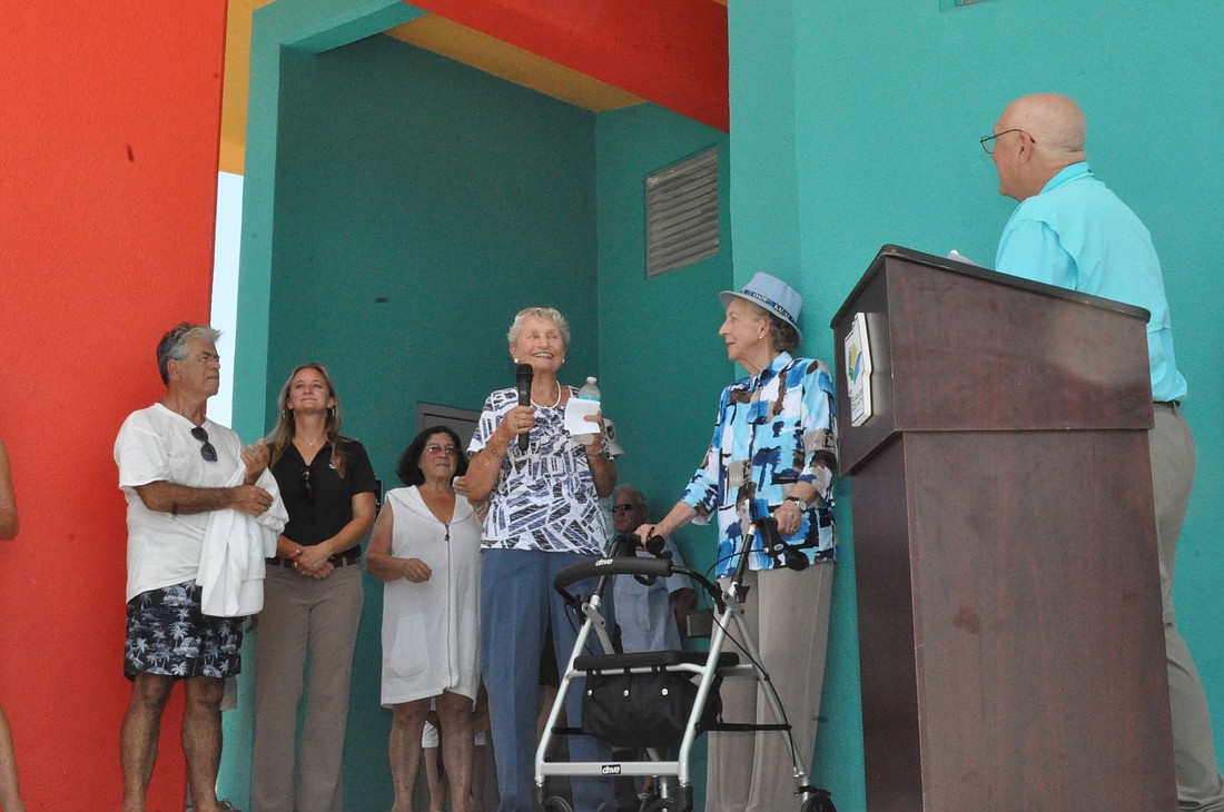 Helen Varn Holton, a daughter of Varn Park namesake Claude Grady Varn, addressed attendees at the park's reopening ribbon-cutting ceremony. (Photo by Jonathan Simmons.)