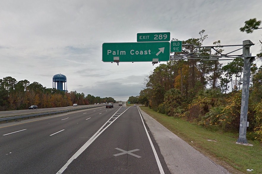The crash happened in the northbound lanes near mile marker 289, near the Palm Coast Parkway exit. (Image from a Google Maps screenshot.)