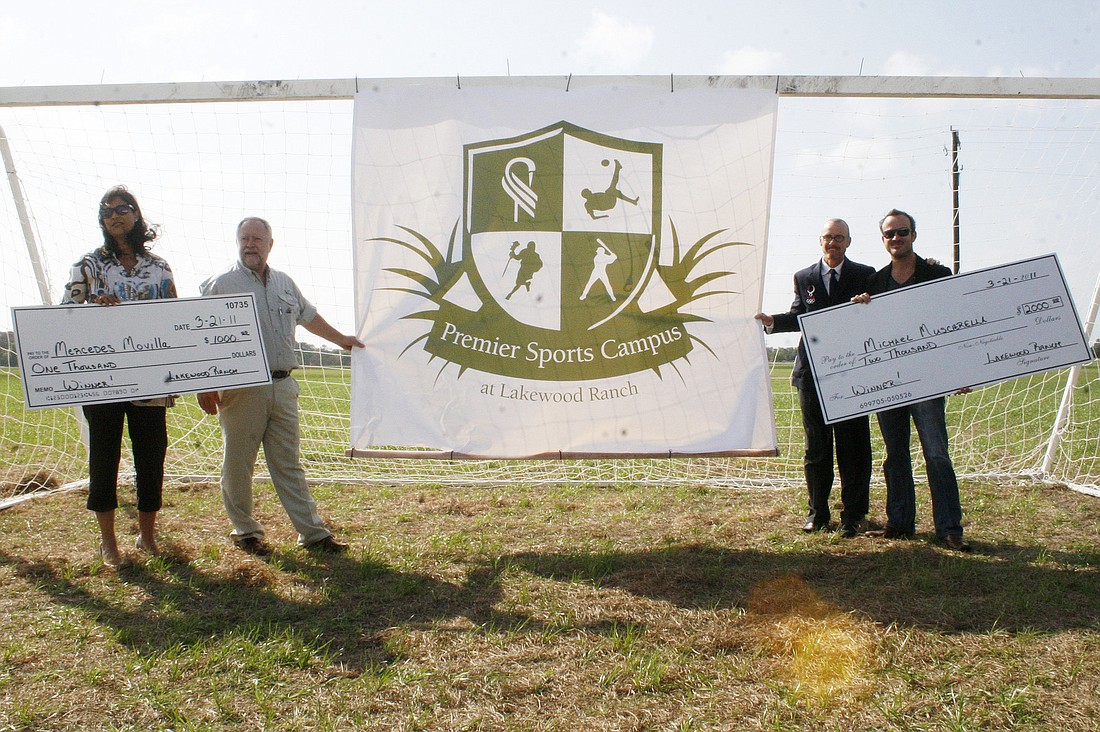 The logo features crest design. From left: name winner Mercedes Movilla; SMR CEO Rex Jensen, Director of Sports Tim Mulqueen and logo winner Michael Muscarella