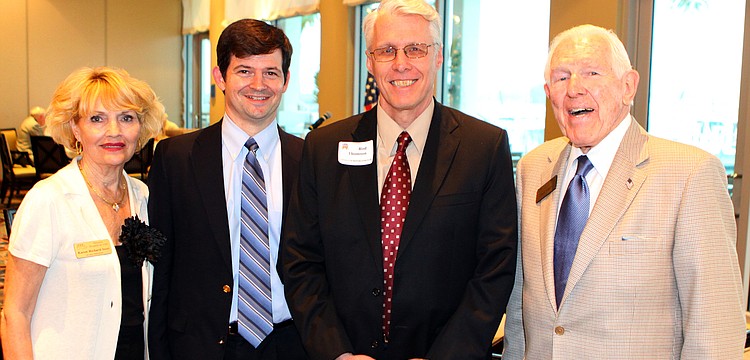 First Vice President Karen Richard-Iezzi, speaker Jeremy Wallace, speaker Rod Thomson and President Charles Volkert on Thursday, March 31 during the monthly dinner meeting of the Sarasota Republican Club at the Sarasota Yacht Club.
