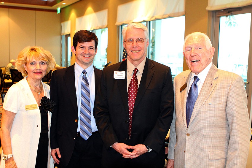 First Vice President Karen Richard-Iezzi, speaker Jeremy Wallace, speaker Rod Thomson and President Charles Volkert on Thursday, March 31 during the monthly dinner meeting of the Sarasota Republican Club at the Sarasota Yacht Club.