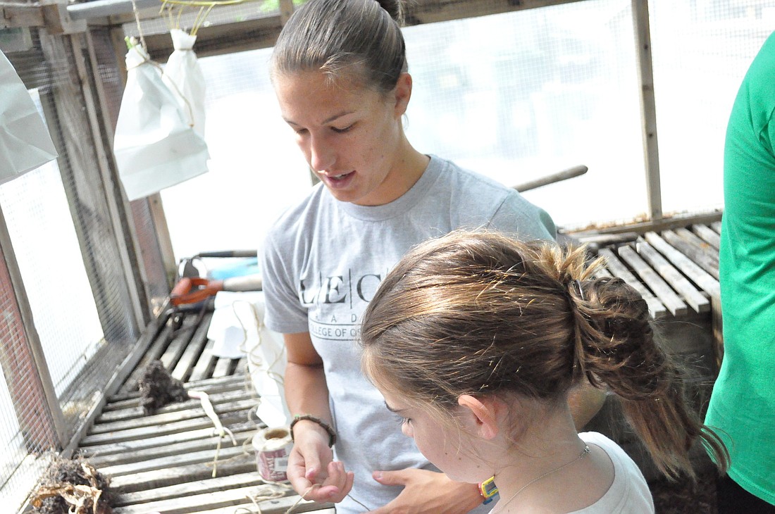 LECOM student Katie Rorer helps Delaney Dowdell, 11, get seeds ready to dry.