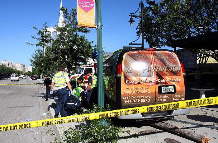 An Il Panifico van jumped the curb and hit a sign and tree before coming to a stop.
