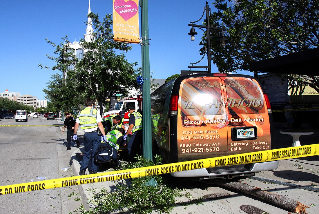 An Il Panifico van jumped the curb and hit a sign and tree before coming to a stop.