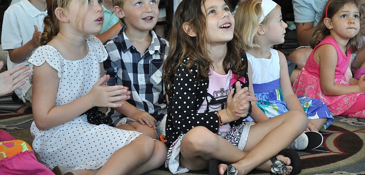 Cecelia Mould, Jake Hoddinott, Carly Birnbach, Danika Hoddinott and Isabella Volkert are in awe off Spaghetti the Clown's amazing tricks.