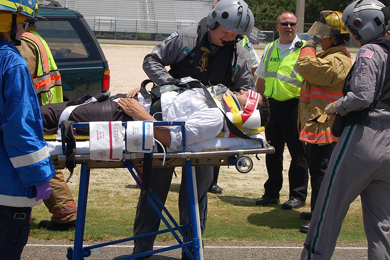 Students from LECOM, along with local emergency workers, presented a staged DUI accident to students at Bayshore High School. Photo submitted by Michael Polin.