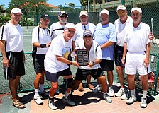 The winning team of the Longboat Key Tennis Center 2011 Spring League championship included Jim Long, John Mrachek, Joe Salvino, Wally Womble, Tom Geyman, Wolfgang Wostl, Jim Blatt with Steve Stills and Bob Dreyfus in front.