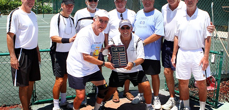 The winning team of the Longboat Key Tennis Center 2011 Spring League championship included Jim Long, John Mrachek, Joe Salvino, Wally Womble, Tom Geyman, Wolfgang Wostl, Jim Blatt with Steve Stills and Bob Dreyfus in front.