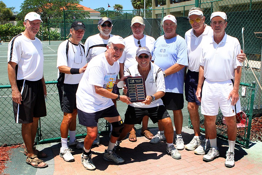The winning team of the Longboat Key Tennis Center 2011 Spring League championship included Jim Long, John Mrachek, Joe Salvino, Wally Womble, Tom Geyman, Wolfgang Wostl, Jim Blatt with Steve Stills and Bob Dreyfus in front.