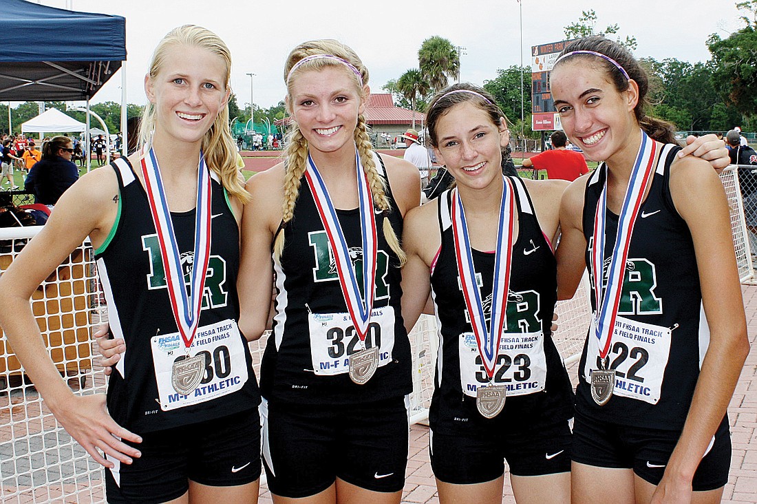 The Lakewood Ranch High 3,200-meter relay team of Ashley Platt, Devin McDermott, Kristin Zarrella and Olivia Ortiz finished second in a school record time of 9:22.6.
