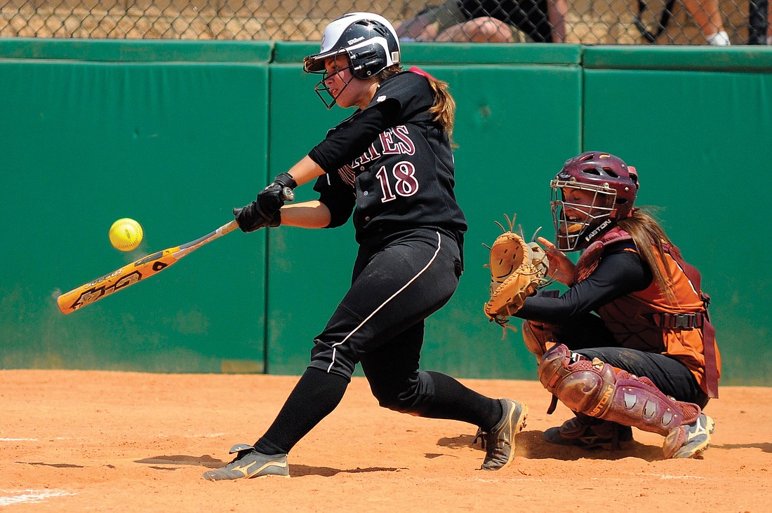 Braden River sophomore Jessica Cadorette makes contact in the bottom of the sixth inning of the Class 4A state semifinals May 9.