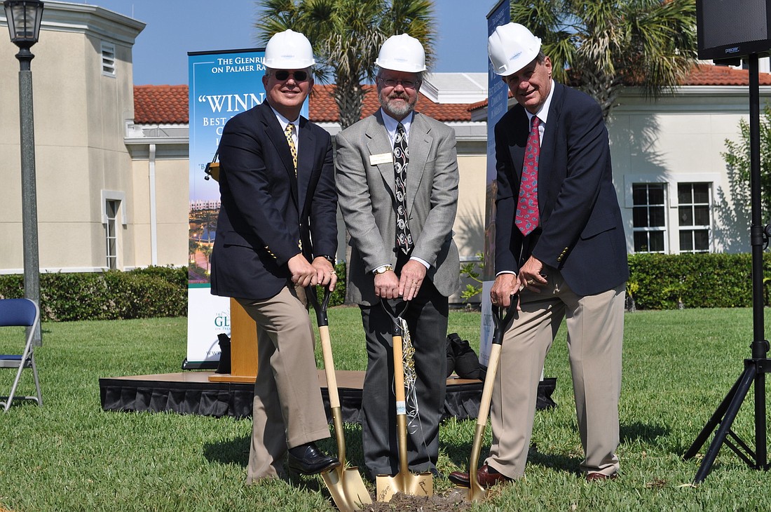 Steve Stottlemyer, chairman of the Glenridge Board of Directors, Charles Tirrell, CEO of the Glenridge and Jim Cater, CEO of Praxeis, the community's developer, break ground on the expansion to The Carroll Center.