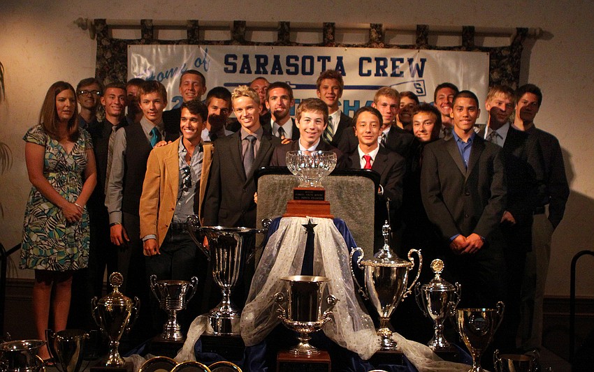 Liza Dickson, Men's Varsity coach, poses with the boys going to Nationals in Oak Ridge, TN. at Sarasota Crew's Night of The Stars Sunday, May 22 at Michael's on East.