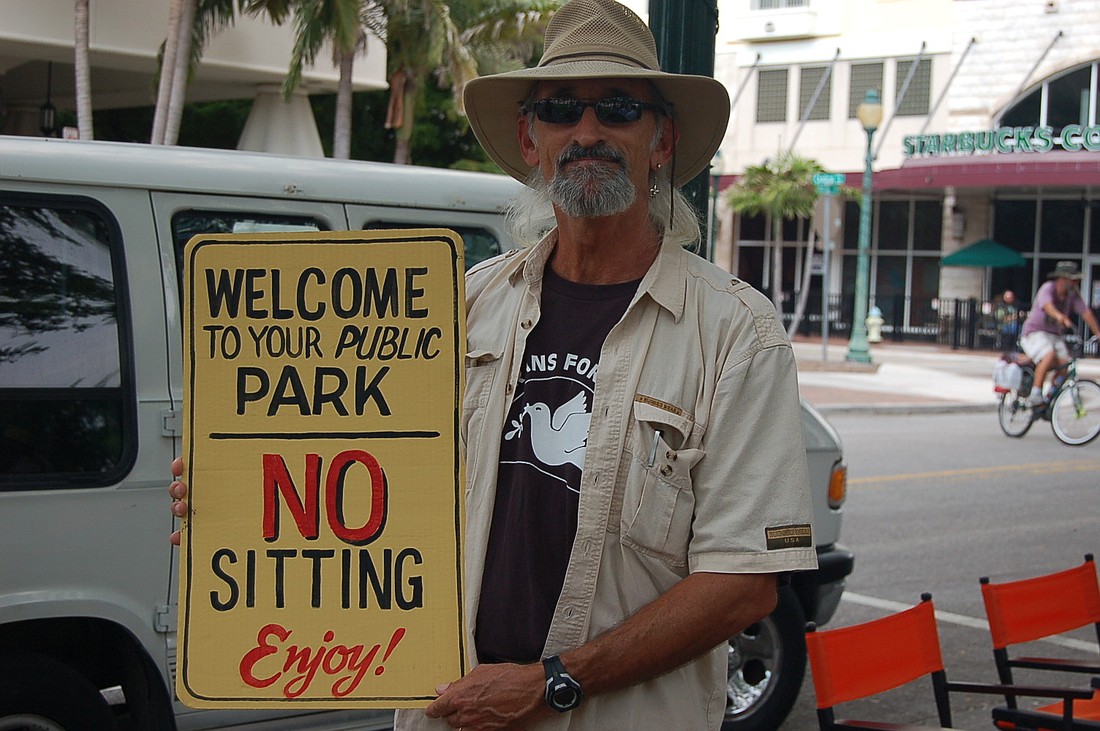 Artist Mark Bell joined the park protest to support the homeless.