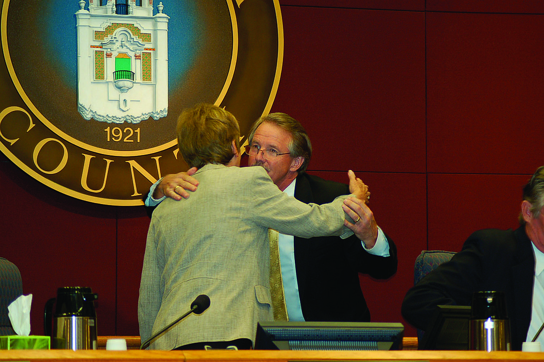 Before he walked away from the commission table mid-meeting May 25, Jim Ley shook hands and hugged all five county commissioners, including Chairwoman Nora Patterson.
