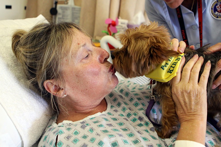 Barb McRae gets a personal room visit and kisses from Kirby, 6 Â½, Thursday, May 12 in the Oncology Unit at Sarasota Memorial Hospital.