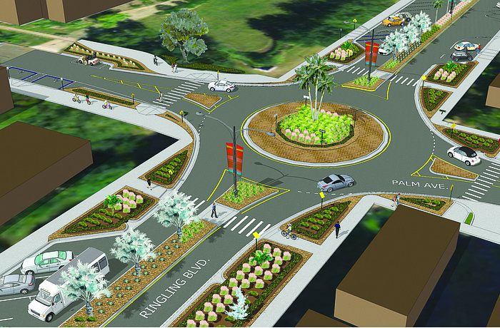 Landscaped bulbouts will separate angled parking spaces on Ringling Boulevard from the Palm Avenue roundabout.