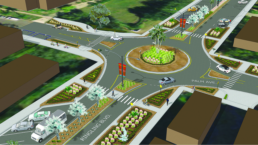 Landscaped bulbouts will separate angled parking spaces on Ringling Boulevard from the Palm Avenue roundabout.