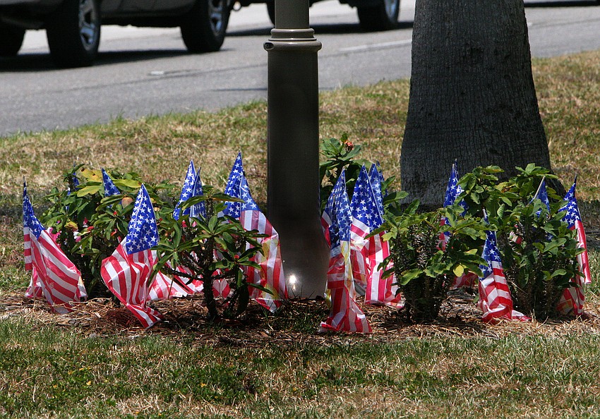 A dozen or so American flags set up around the base of the sign denoting the Blue Star Memorial Highway flap in the breeze on Flag Day, Tuesday, June 14.