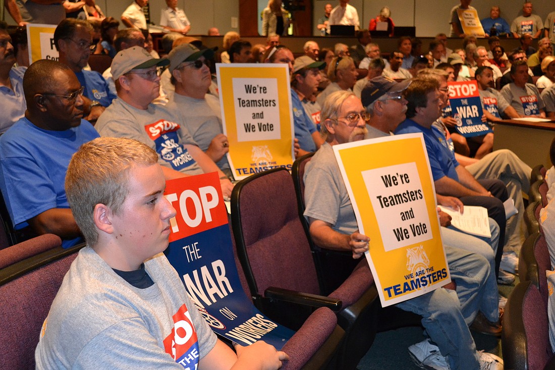 Teamsters packed the Sarasota City Commission chambers to protest a proposed reduction in their pensions.