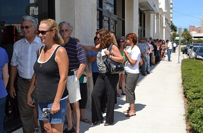 More than 30 people were lined up outside the Jimmy John's at 11:30 a.m. Thursday.