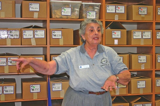 Ruth DeLynn, in October 2007, speaks at the dedication of the Ruth DeLynn Cetacean Osteological Collection.