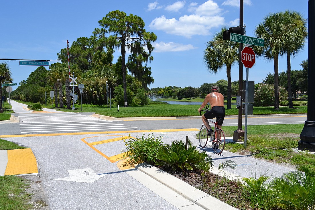 Residents say they have witnessed many near accidents between bikers and motorists where The Legacy Trail intersects with Central Sarasota Parkway.