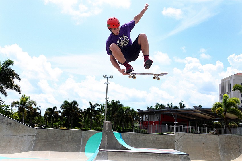 Skyler Munson, 21, gets high above the bowl Tuesday, August 2 at Payne Park's Skate Park.