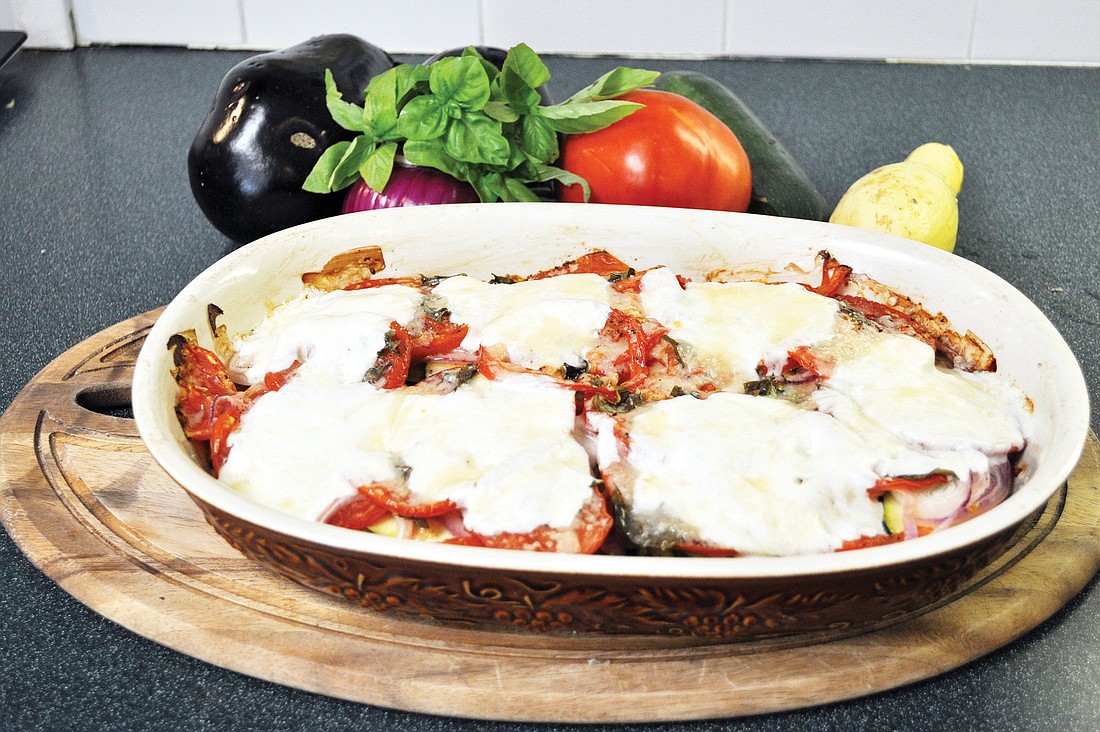 Eileen Hays WallaceÃ¢â‚¬â„¢s eggplant casserole with cheese in its finished form.