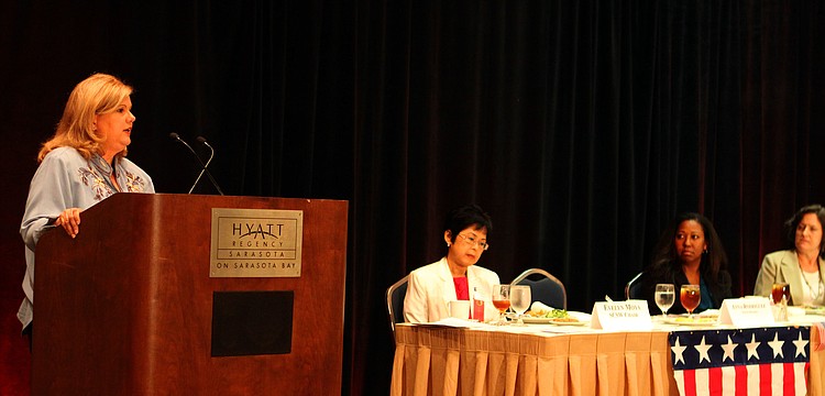 Guest speaker Anna Rodriguez spoke to the crowd Saturday, Aug. 20 during the 91st Anniversary Celebration For Womenâ€™s Equity at the Hyatt Regency Sarasota.