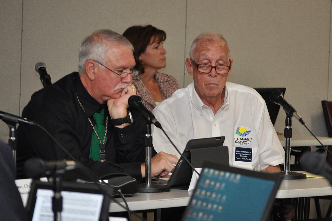 Flagler County Commission Vice Chairman Frank Meeker and Commissioner Charlie Ericksen at a workshop Monday, March 17. (Photo by Jonathan Simmons.)