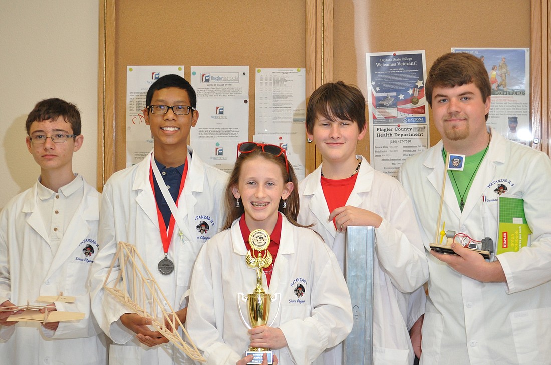 Matanzas High School Science Olympiad Team members Victor Kostyuk, Sokret Pond, Emily Wise, Tyler Wise and Andrew Sisk. (Photo by Jonathan Simmons.)