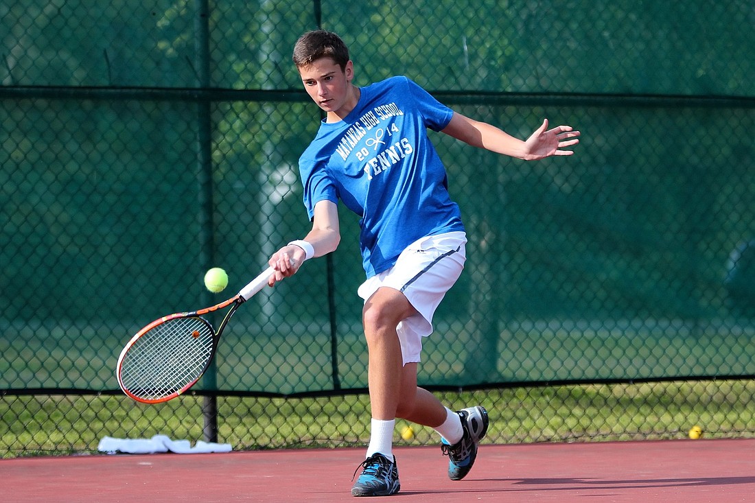 Matanzas' Davey Roberts hits a forehand against Ponte Vedra's Hank Hill on Friday in Ponte Vedra. (Photo by Joey LoMonaco)