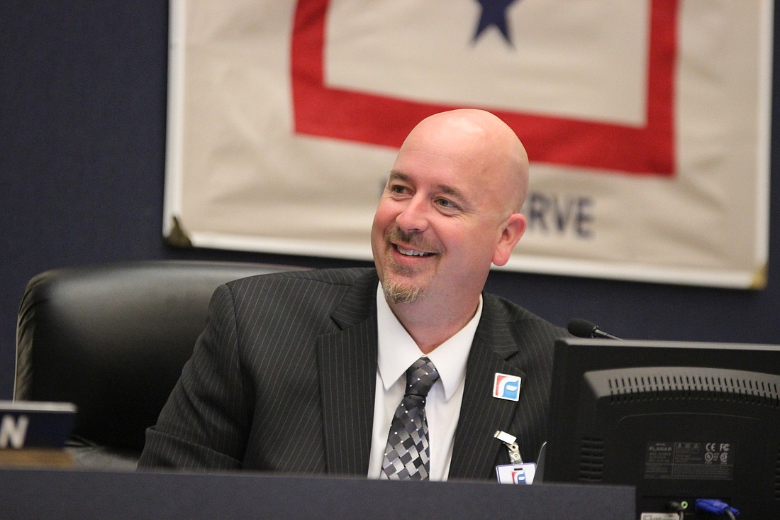 Flagler Schools superintendent Jacob Oliva at a school board meeting on April 1. (Photo by Brian McMillan)