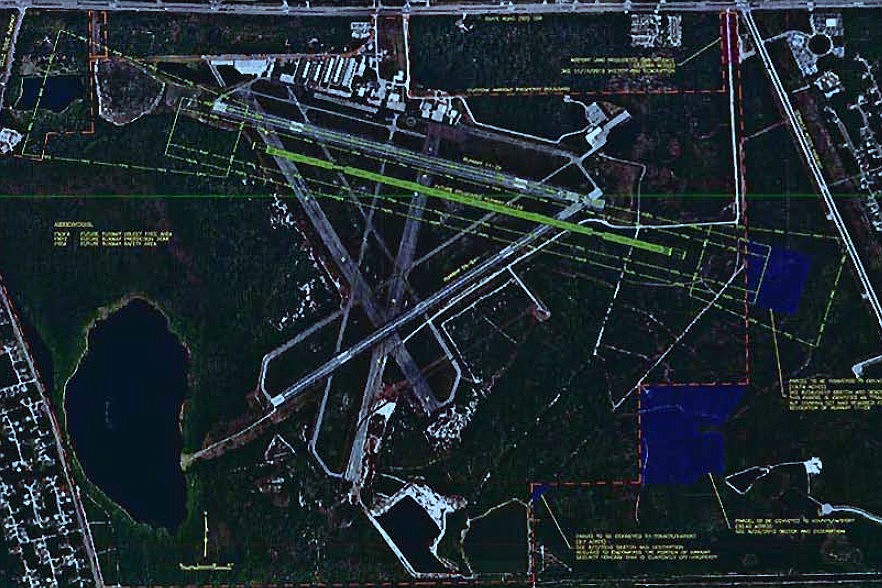 This diagram from the April 7 Flagler County Commission meeting backup shows the properties the county is gaining next to the airport highlighted in blue.