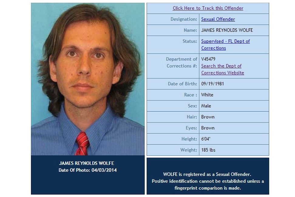 James R. Wolfe has been added to the Florida Department of Law Enforcement sexual offender registry.