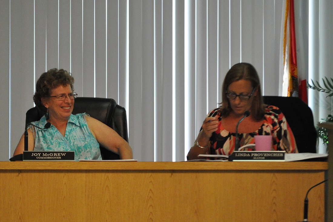 Flagler Beach City Commissioner Joy McGrew and Mayor Linda Provencher discussed restrictions on medical marijuana dispensaries during a May 8 City Commission meeting. (Photo by Jonathan Simmons.)