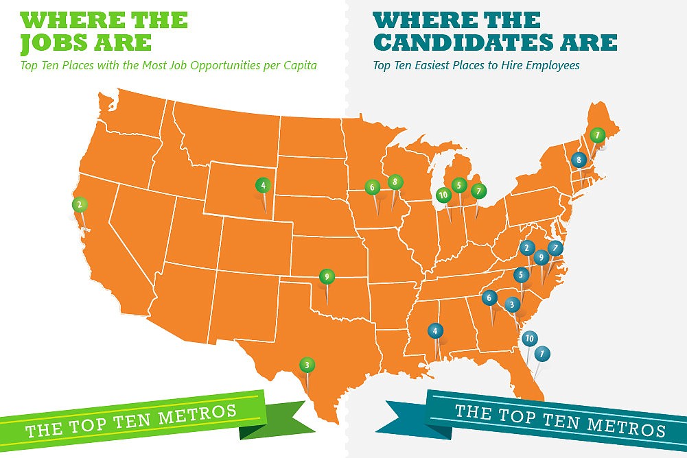 This map, part of an infographic from Beyond.com, shows top locations for seeking and filling jobs. To see the full infographic, visit about.beyond.com/Content/Resources/files/Media/pdfs/2014_Q1_WhereTheJobsAre_1.pdf.
