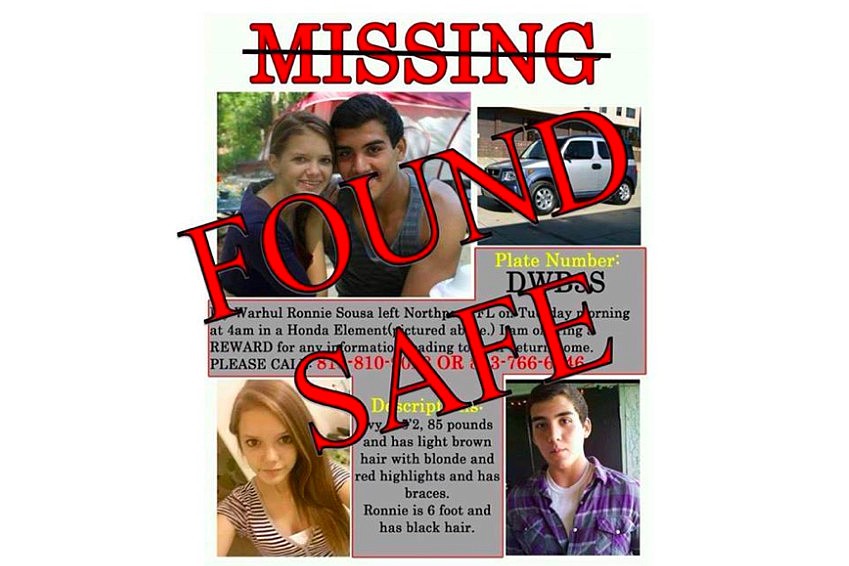 The teens, 14-year-old Ivy Warhul and 16-year-old Ronnie Sousa, were found about 2,600 miles away after they ran out of gas in Montana. Photo from the Help Find Ivy and Ronnie Facebook page.